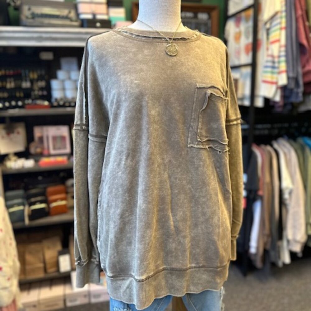 NWT Boutique Mocha Distressed Pocket Sweatshirt
